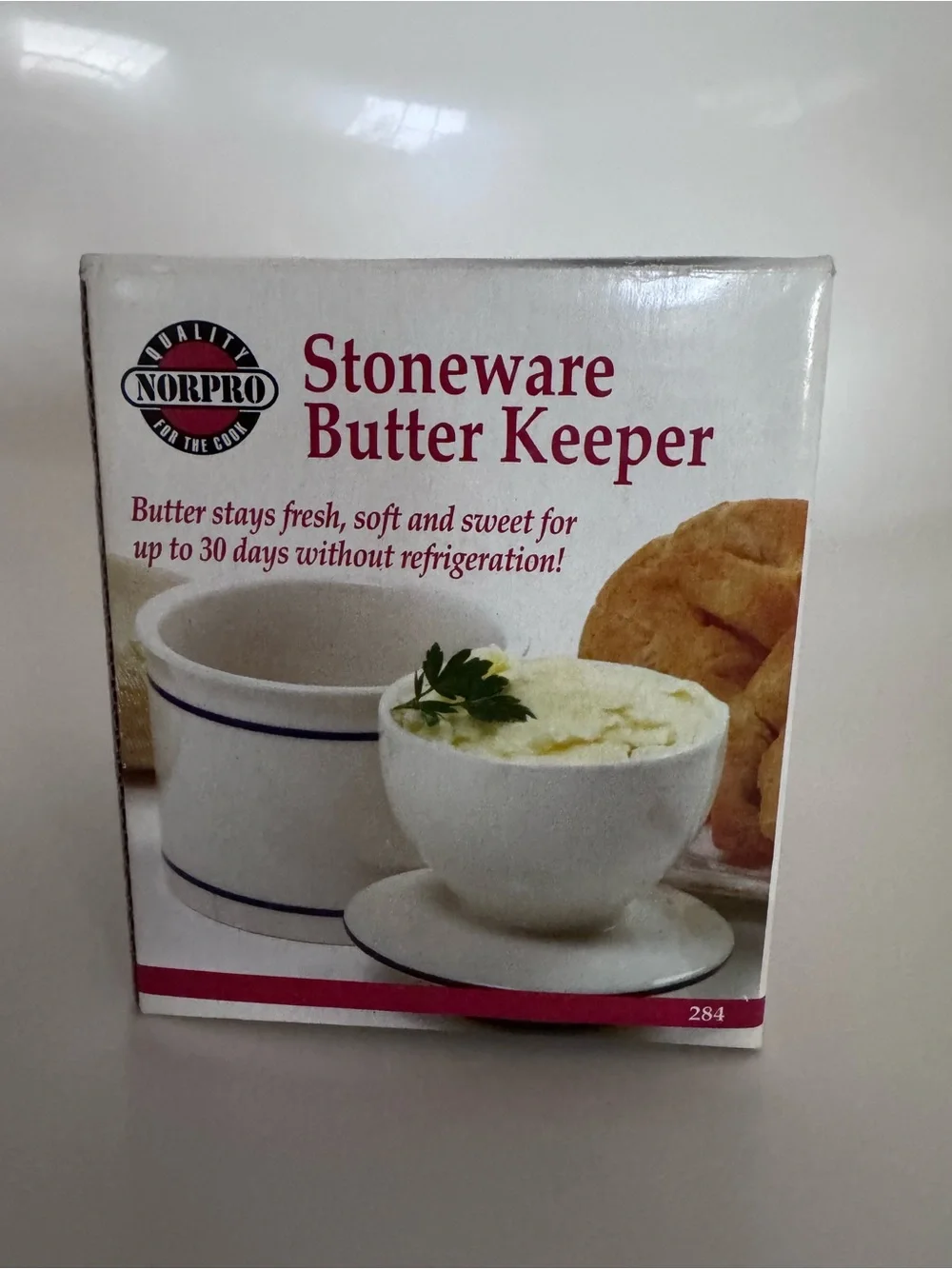 NIB Norpro Stoneware Butter Keeper French Butter Crock White Blue Cottagecore